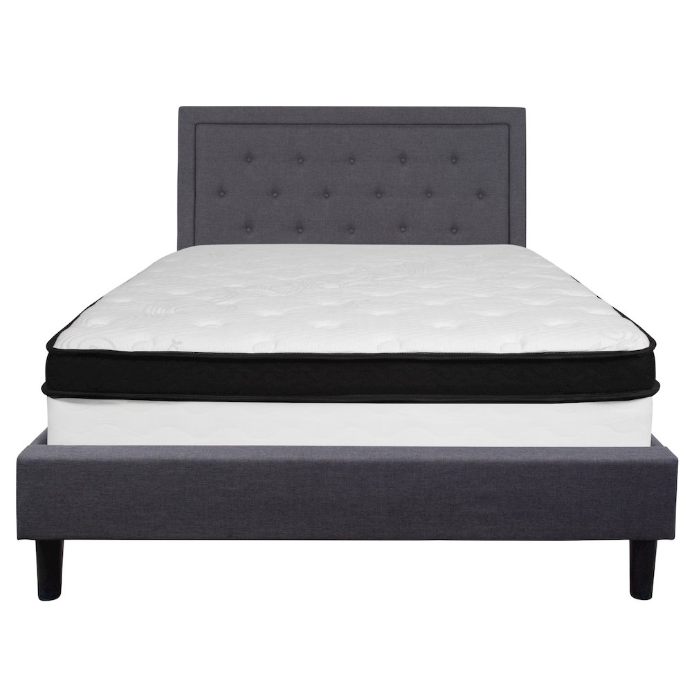 Queen Size Platform Bed in Dark Gray Fabric with Pocket Spring Mattress