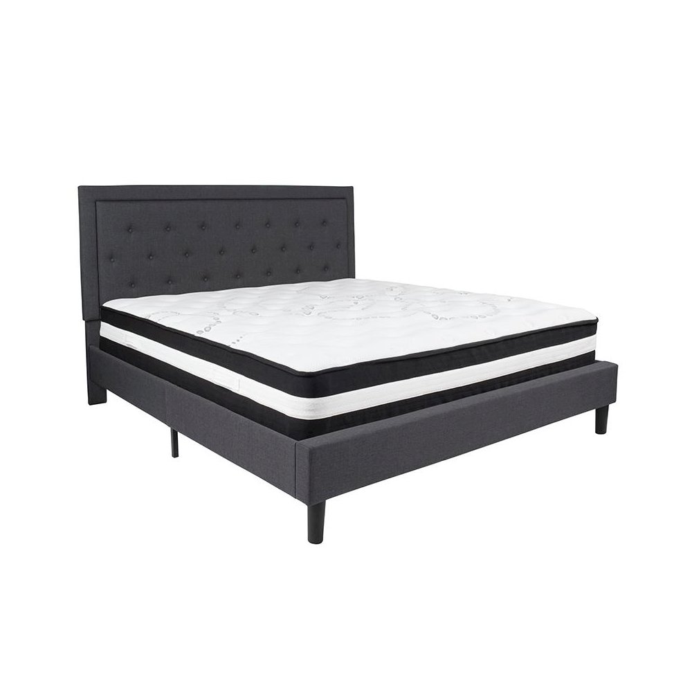 King Size Platform Bed in Dark Gray Fabric with Pocket Spring Mattress