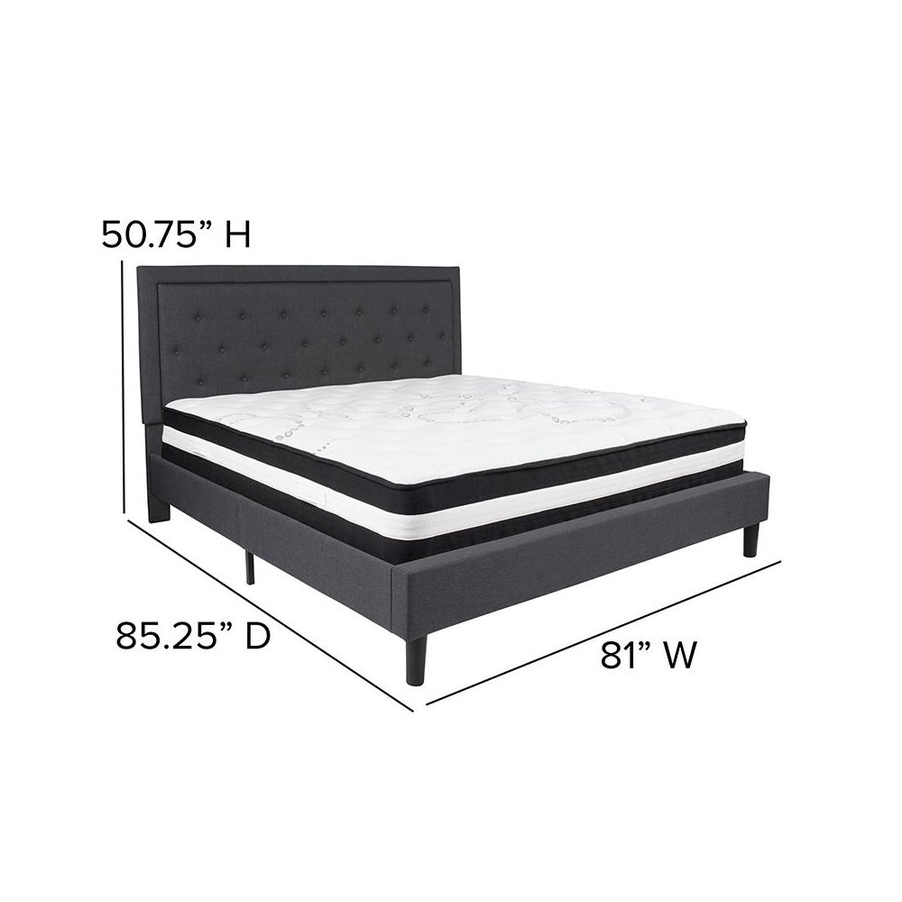 King Size Platform Bed in Dark Gray Fabric with Pocket Spring Mattress