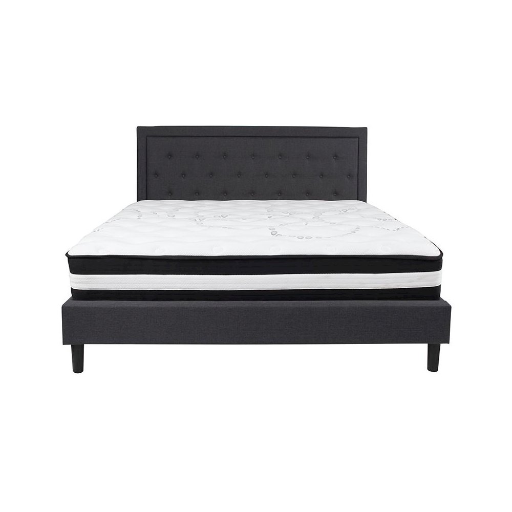 King Size Platform Bed in Dark Gray Fabric with Pocket Spring Mattress