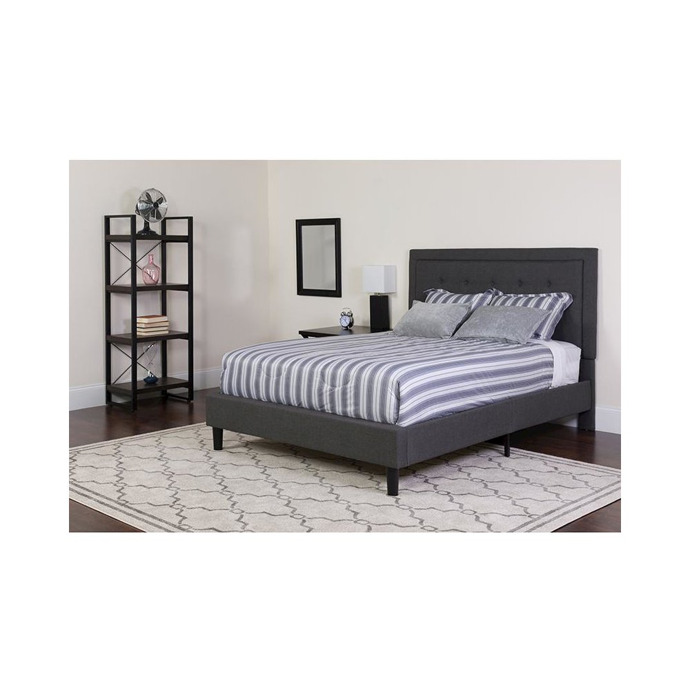 King Size Platform Bed in Dark Gray Fabric with Pocket Spring Mattress