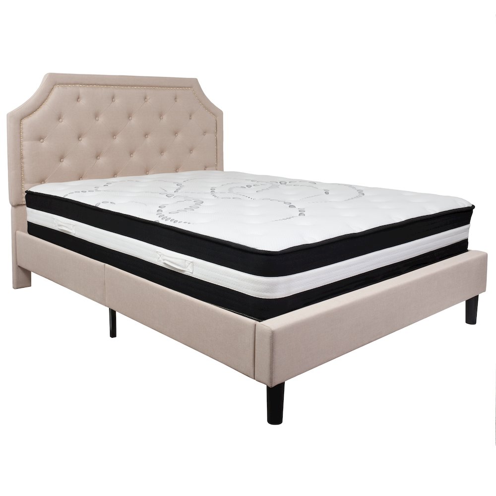 Queen Size Platform Bed in Beige Fabric with Pocket Spring Mattress