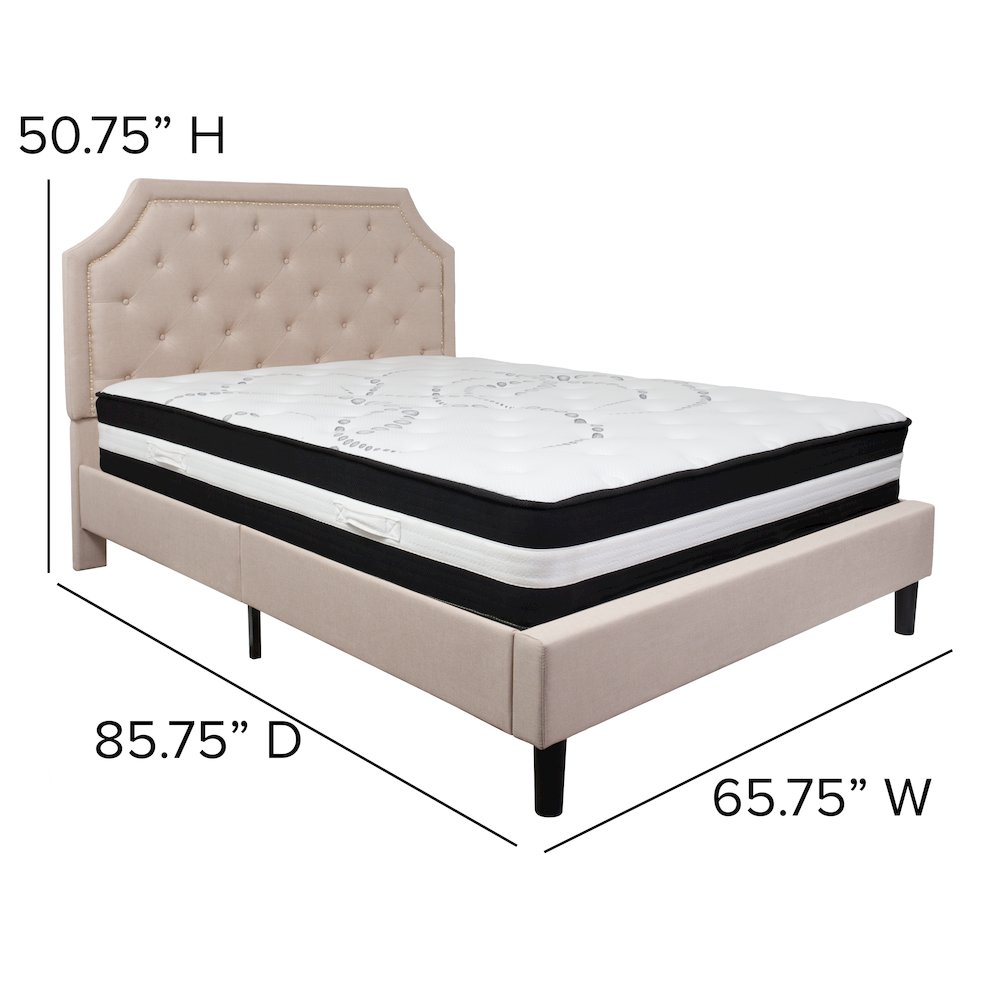 Queen Size Platform Bed in Beige Fabric with Pocket Spring Mattress