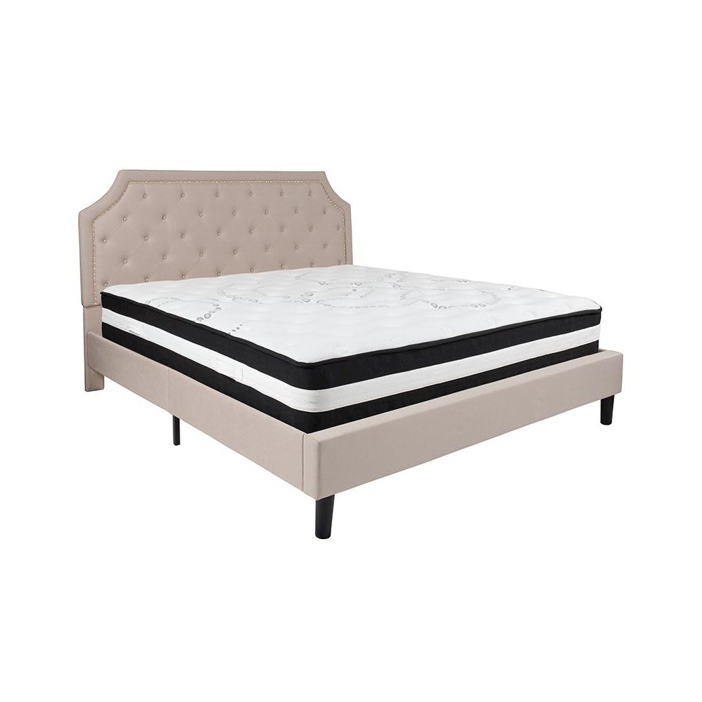 King Size Platform Bed in Beige Fabric with Pocket Spring Mattress