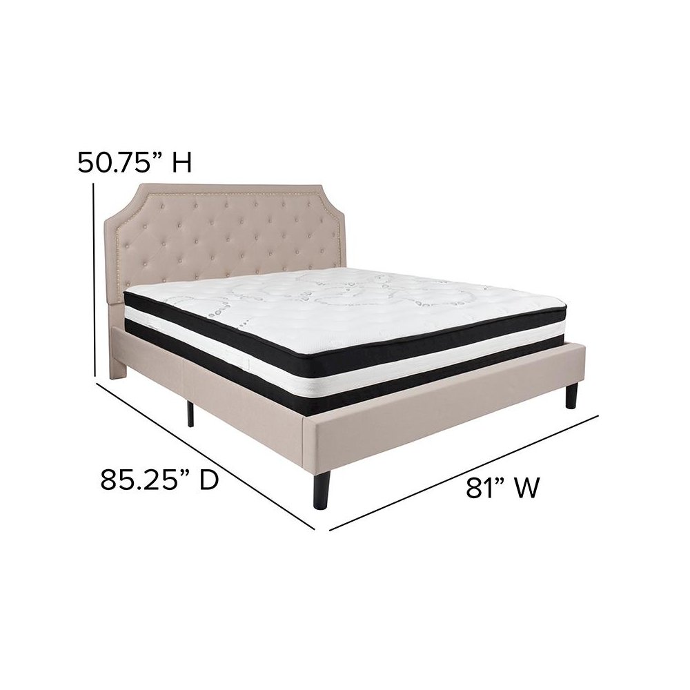 King Size Platform Bed in Beige Fabric with Pocket Spring Mattress