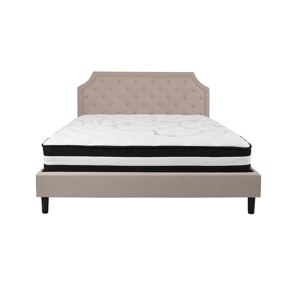 King Size Platform Bed in Beige Fabric with Pocket Spring Mattress