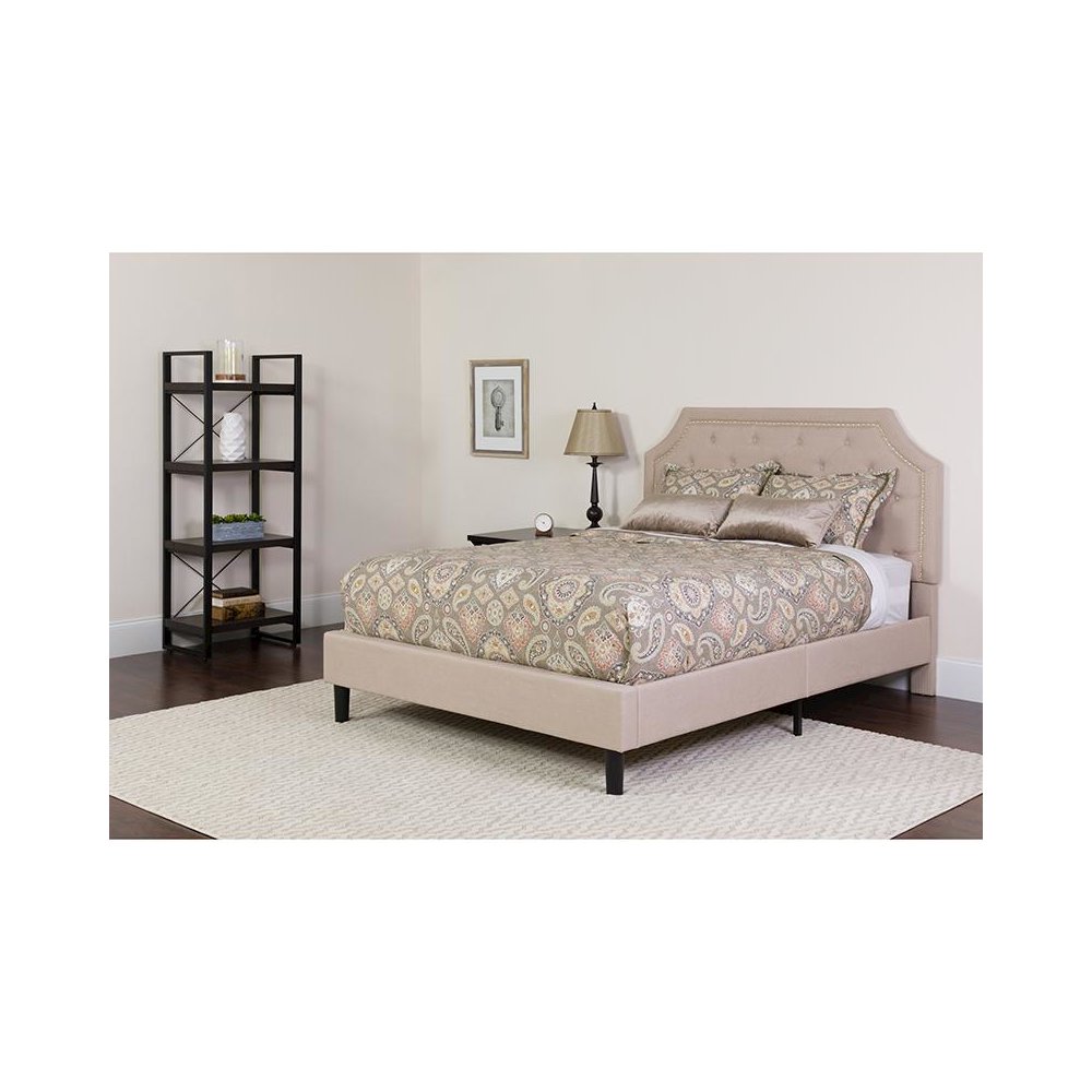 King Size Platform Bed in Beige Fabric with Pocket Spring Mattress