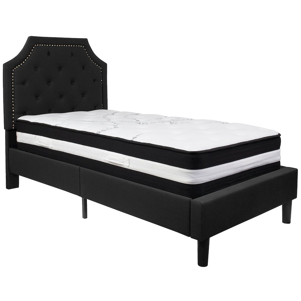 Twin Size Platform Bed in Black Fabric with Pocket Spring Mattress