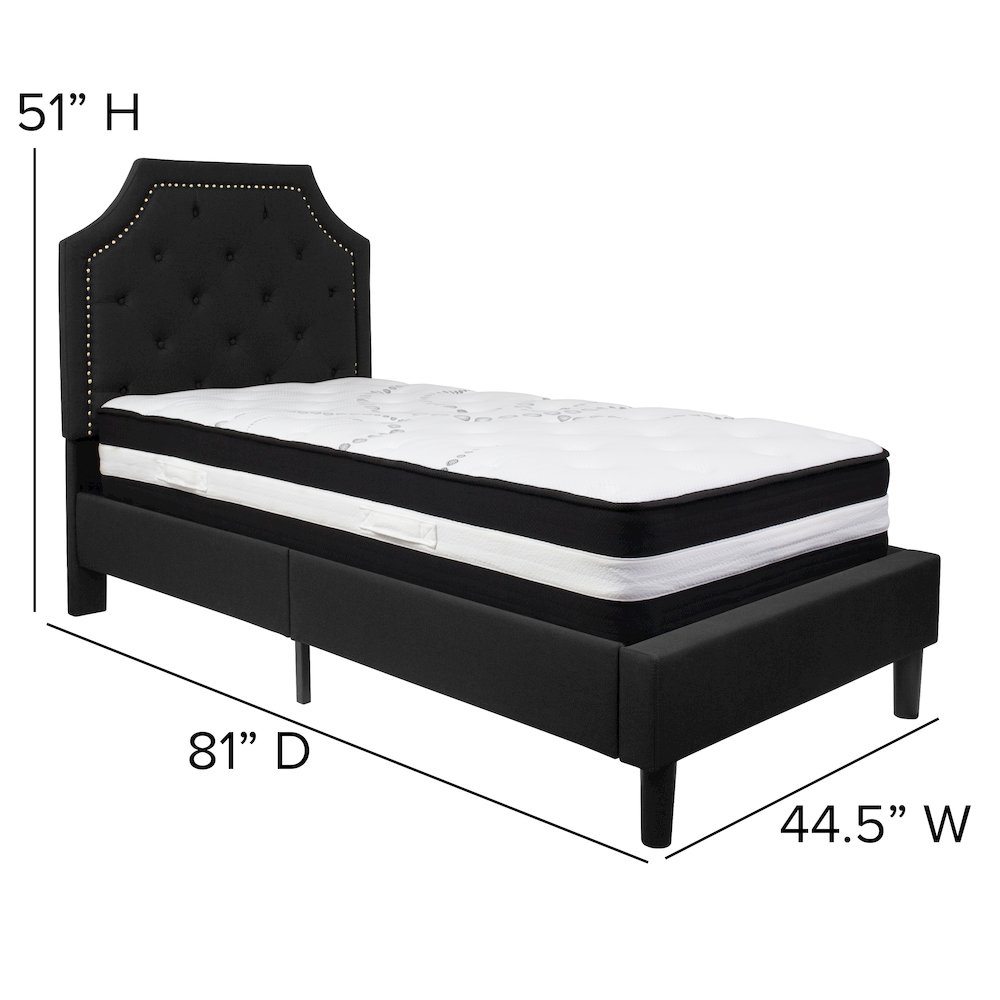 Twin Size Platform Bed in Black Fabric with Pocket Spring Mattress
