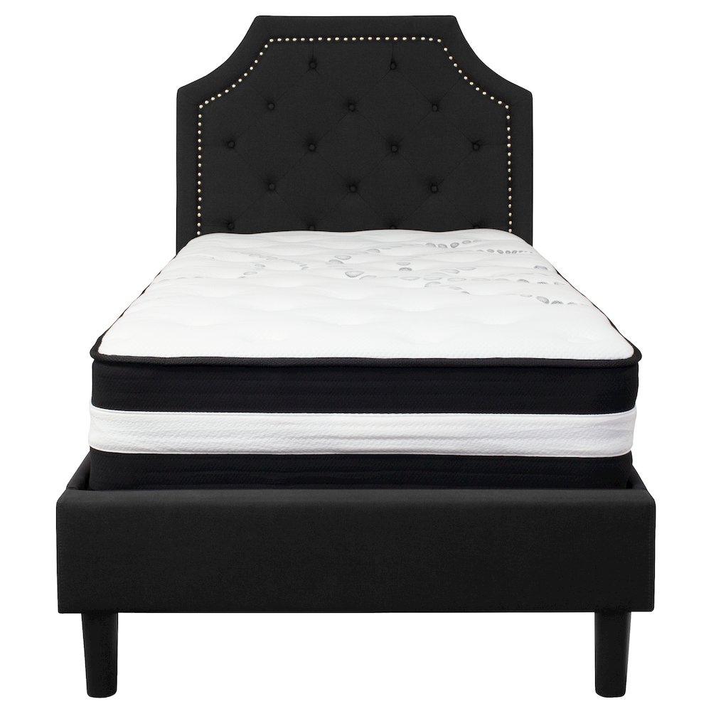 Twin Size Platform Bed in Black Fabric with Pocket Spring Mattress