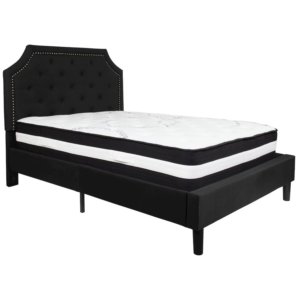 Full Size Platform Bed in Black Fabric with Pocket Spring Mattress