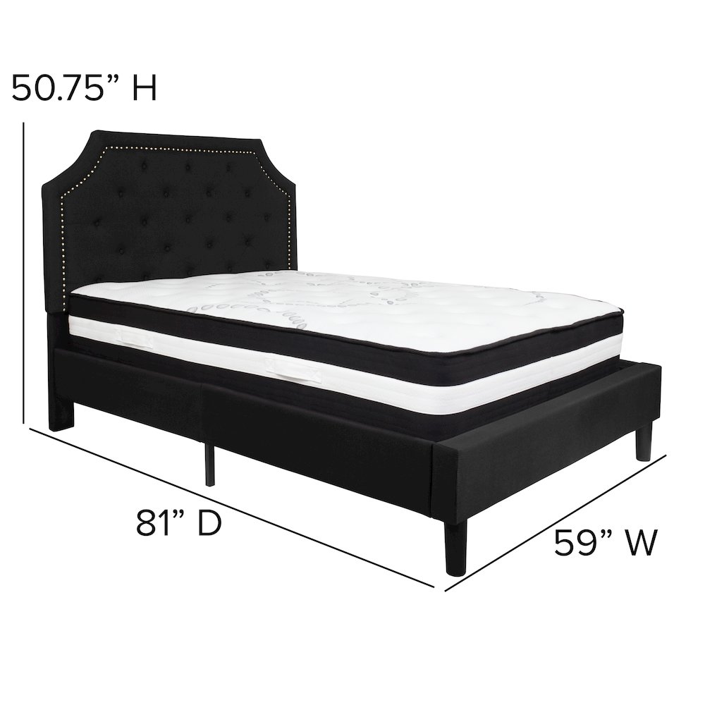 Full Size Platform Bed in Black Fabric with Pocket Spring Mattress