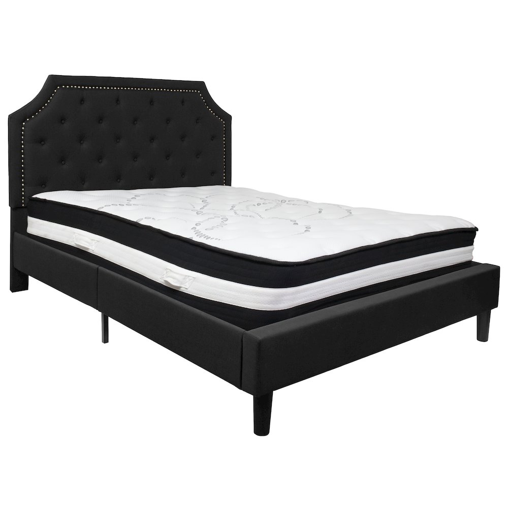 Queen Size Platform Bed in Black Fabric with Pocket Spring Mattress
