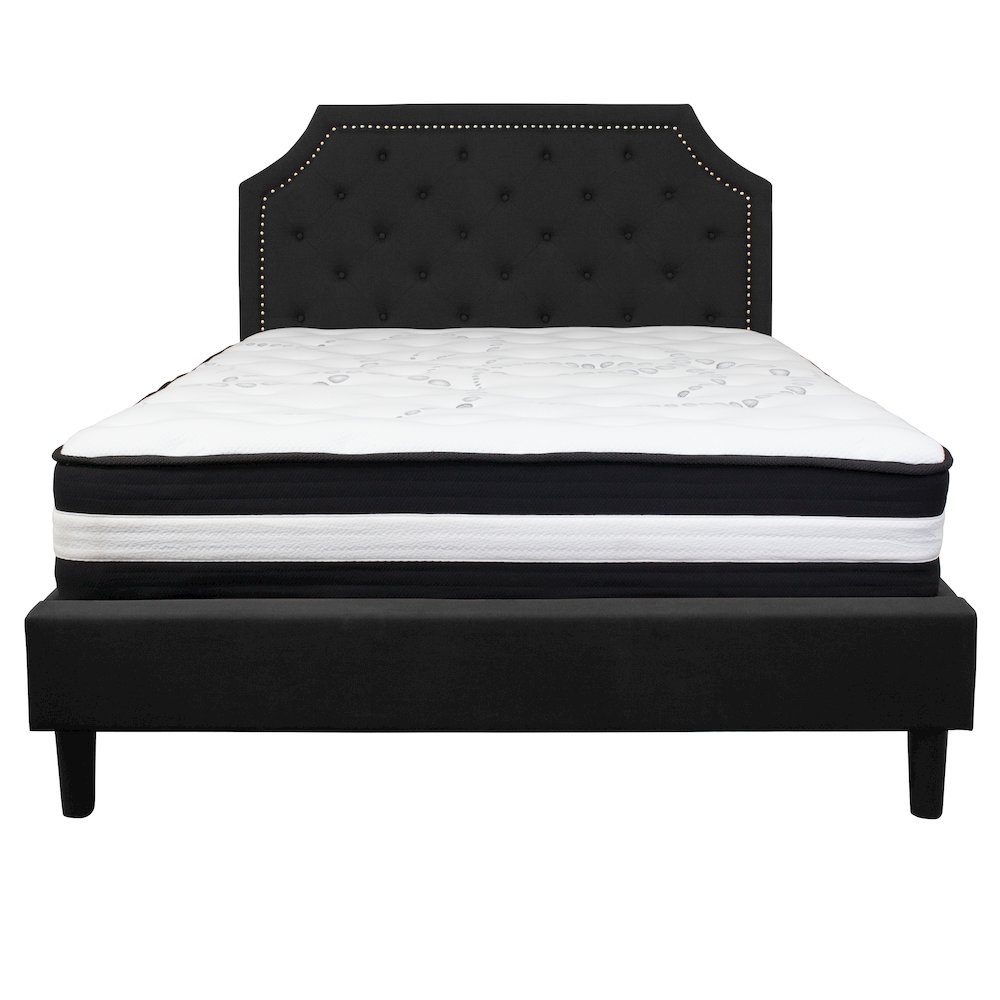 Queen Size Platform Bed in Black Fabric with Pocket Spring Mattress