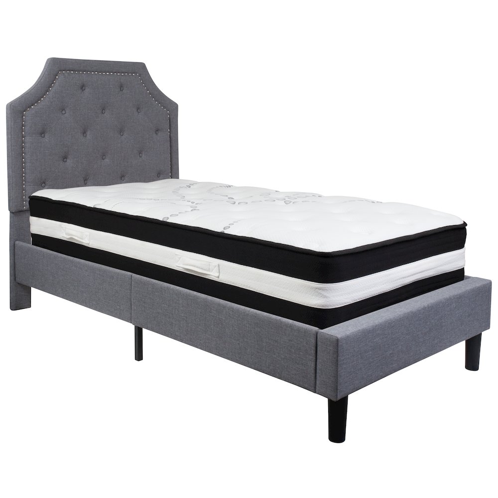 Twin Size Platform Bed in Light Gray Fabric with Pocket Spring Mattress