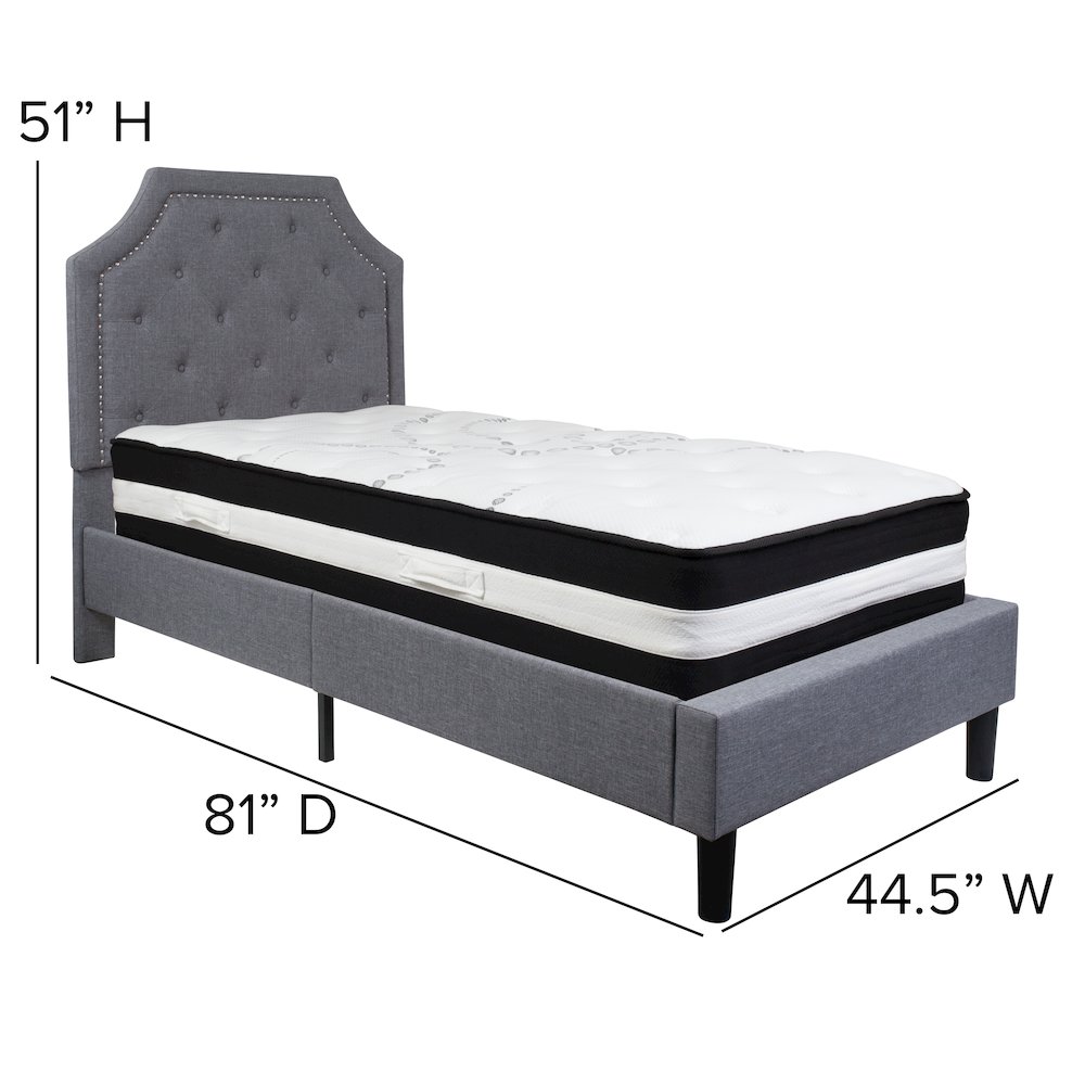 Twin Size Platform Bed in Light Gray Fabric with Pocket Spring Mattress