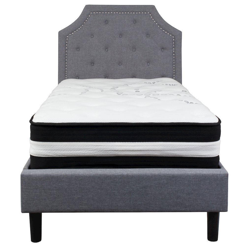 Twin Size Platform Bed in Light Gray Fabric with Pocket Spring Mattress