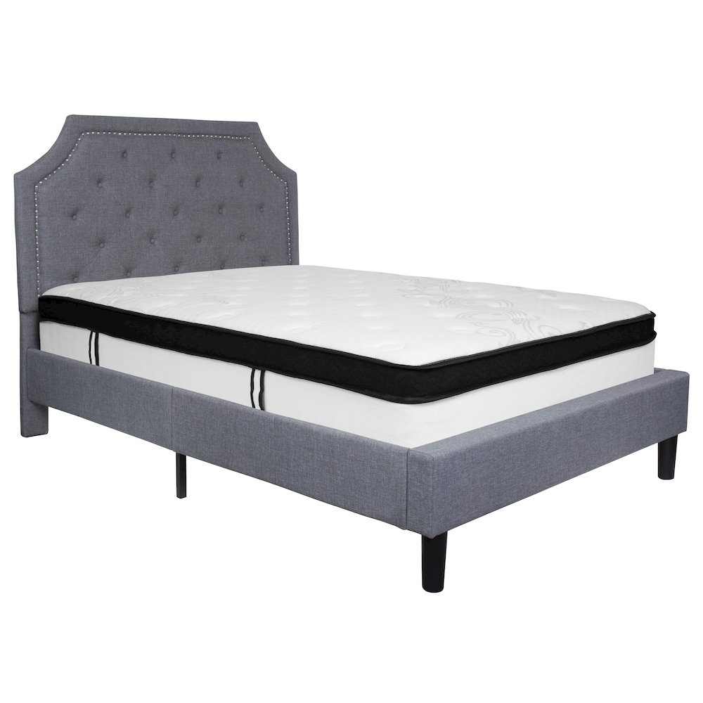 Full Size Platform Bed in Light Gray Fabric with Memory Foam Mattress