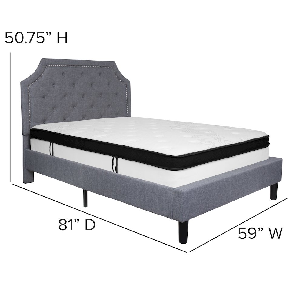 Full Size Platform Bed in Light Gray Fabric with Memory Foam Mattress