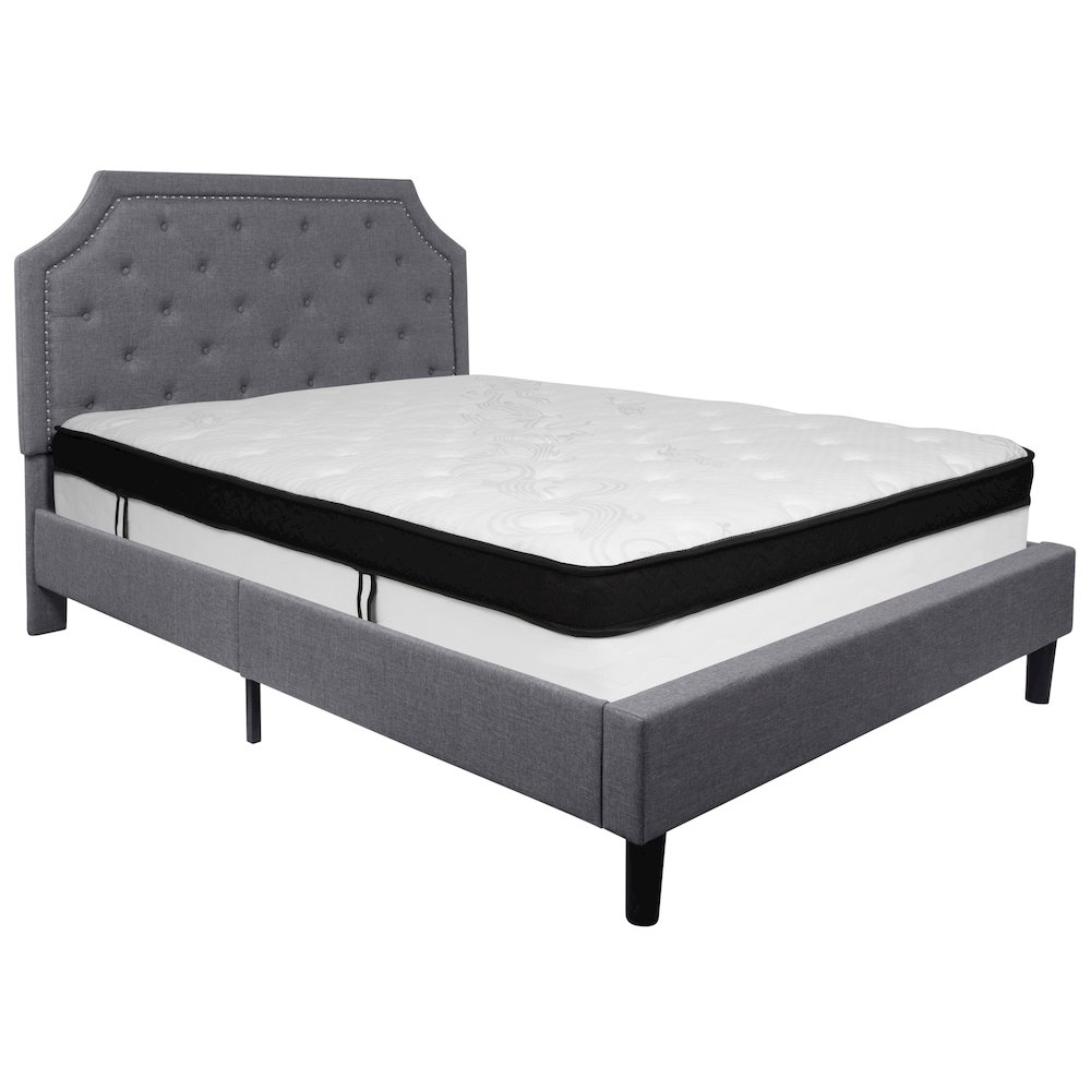 Queen Size Platform Bed in Light Gray Fabric with Memory Foam Mattress