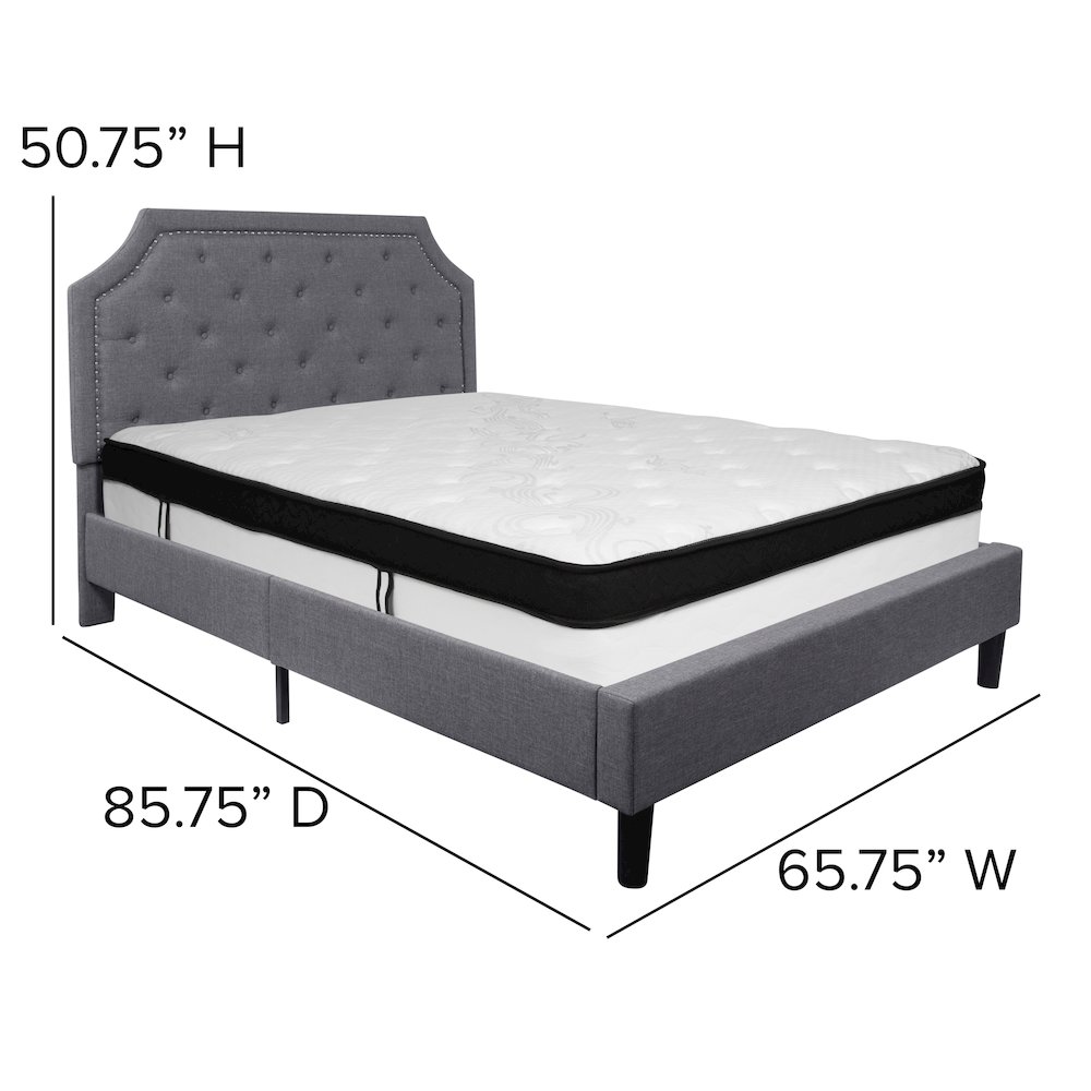Queen Size Platform Bed in Light Gray Fabric with Memory Foam Mattress