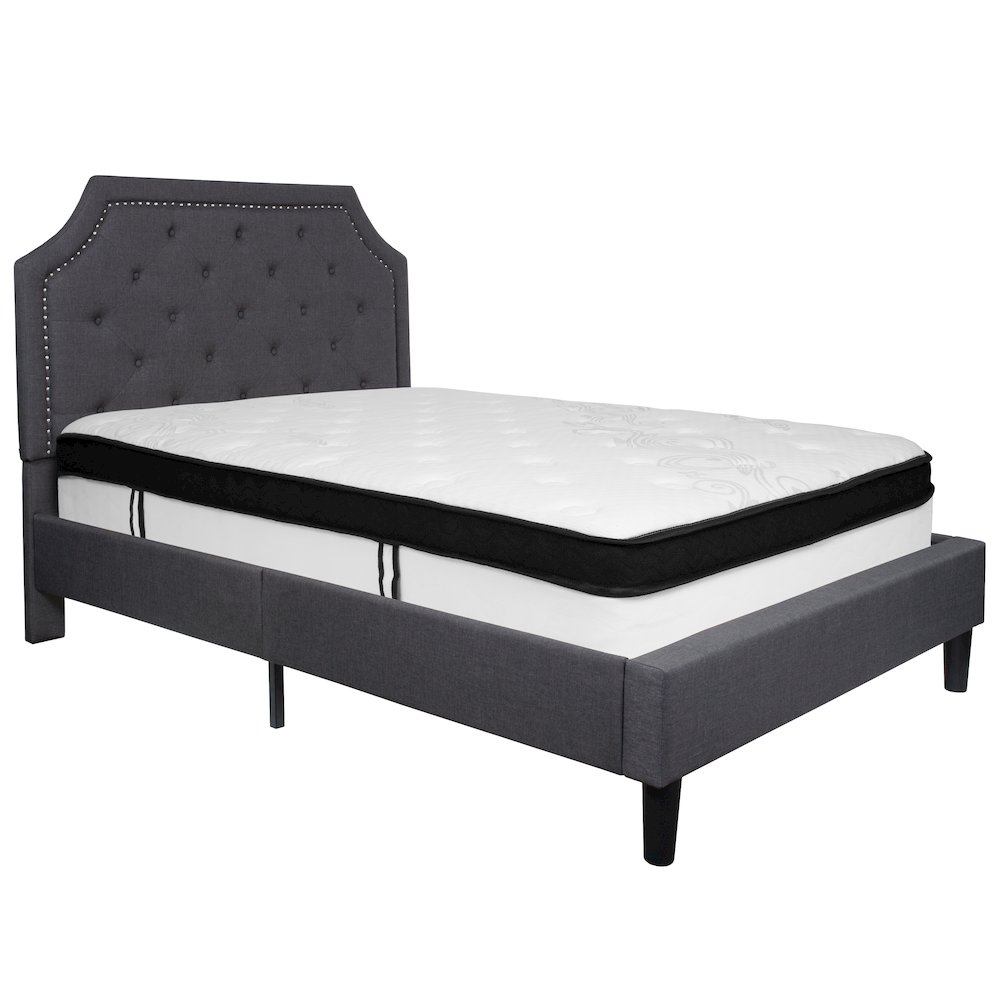 Full Size Platform Bed in Dark Gray Fabric with Memory Foam Mattress