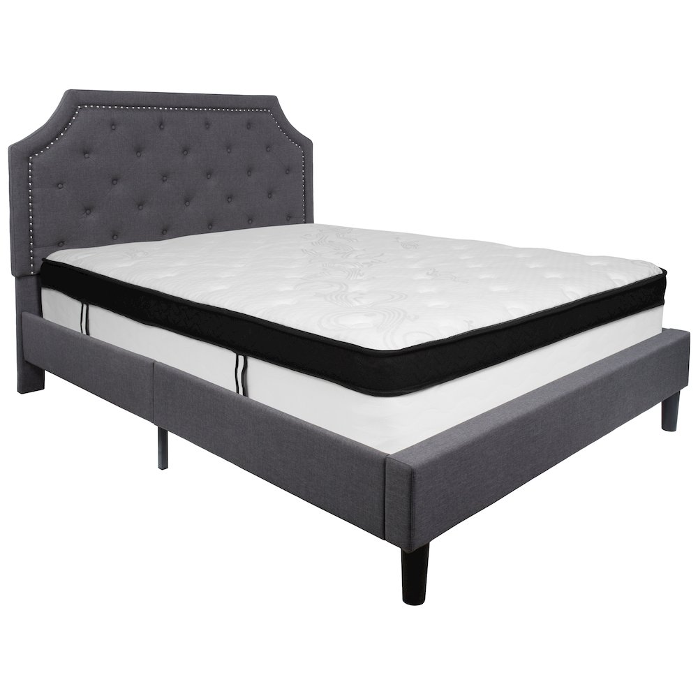 Queen Size Platform Bed in Dark Gray Fabric with Memory Foam Mattress
