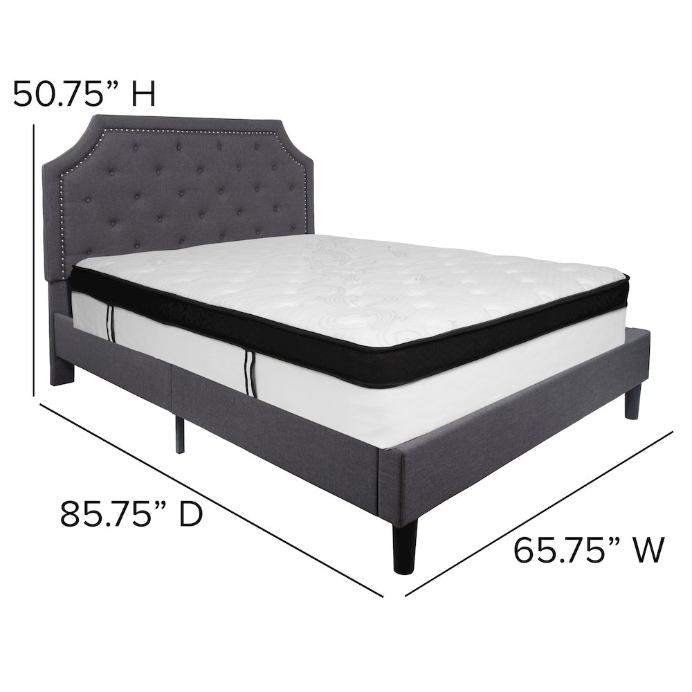 Queen Size Platform Bed in Dark Gray Fabric with Memory Foam Mattress