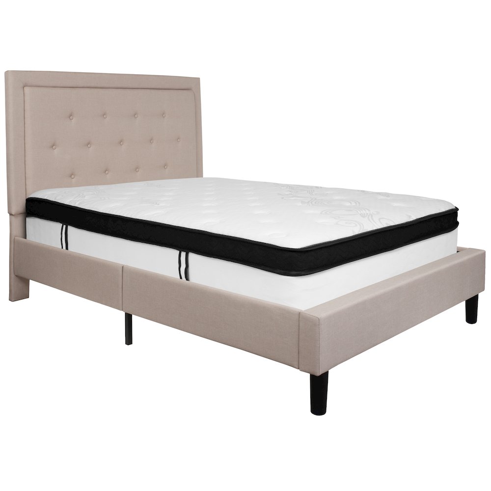 Full Size Platform Bed in Beige Fabric with Memory Foam Mattress