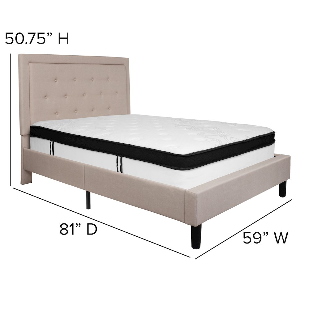 Full Size Platform Bed in Beige Fabric with Memory Foam Mattress