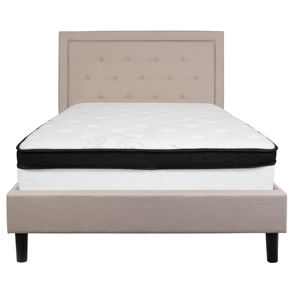 Full Size Platform Bed in Beige Fabric with Memory Foam Mattress