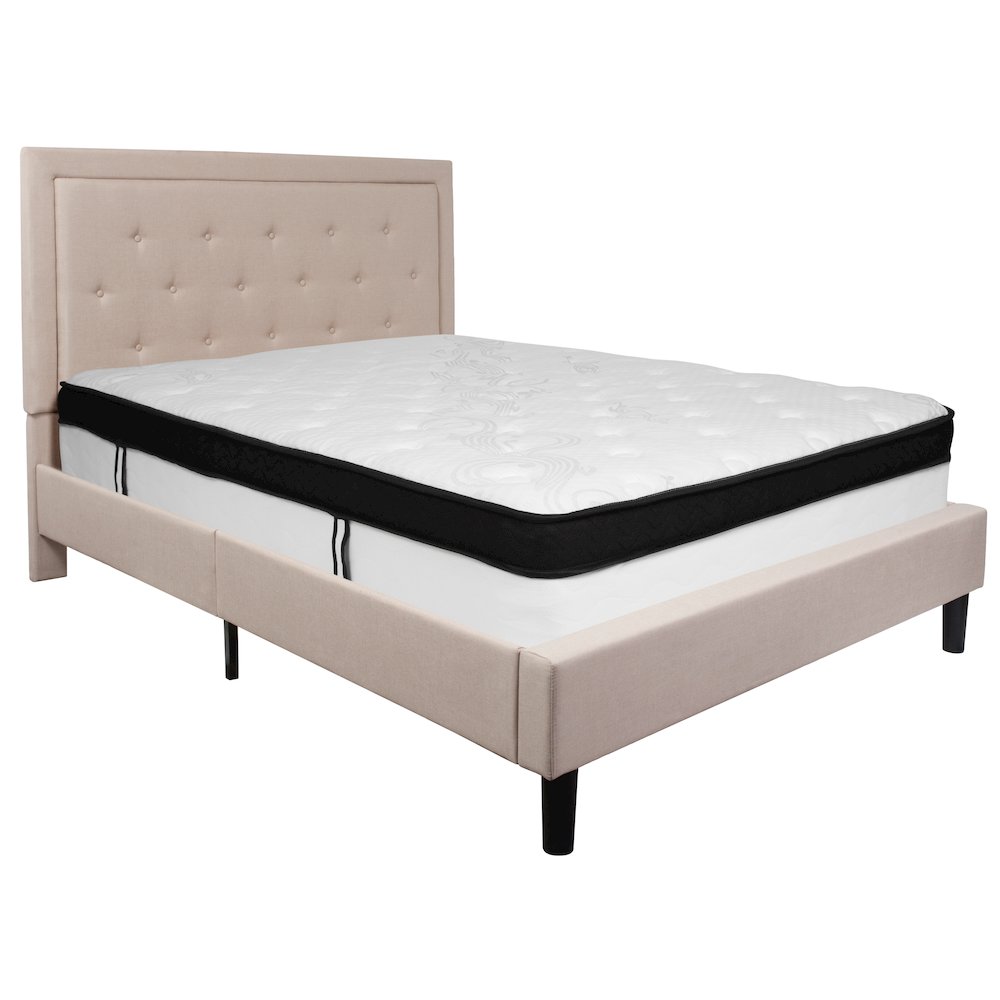 Queen Size Platform Bed in Beige Fabric with Memory Foam Mattress
