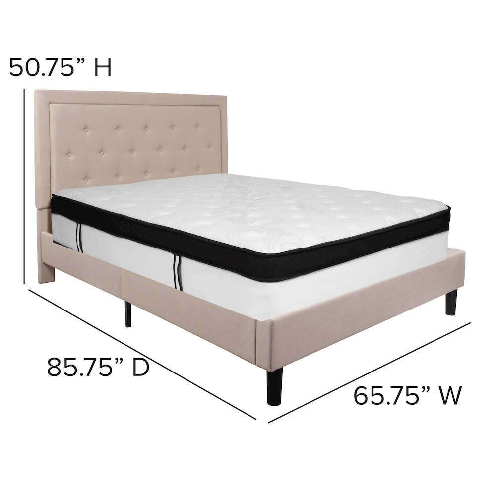 Queen Size Platform Bed in Beige Fabric with Memory Foam Mattress