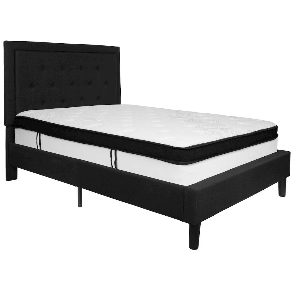 Full Size Platform Bed in Black Fabric with Memory Foam Mattress