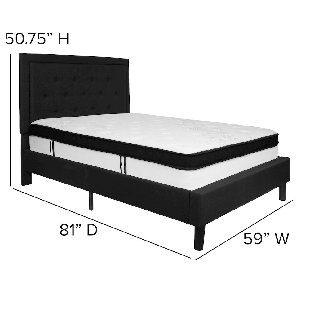 Full Size Platform Bed in Black Fabric with Memory Foam Mattress
