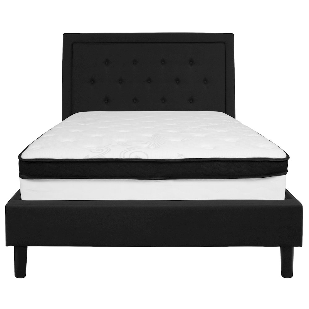 Full Size Platform Bed in Black Fabric with Memory Foam Mattress