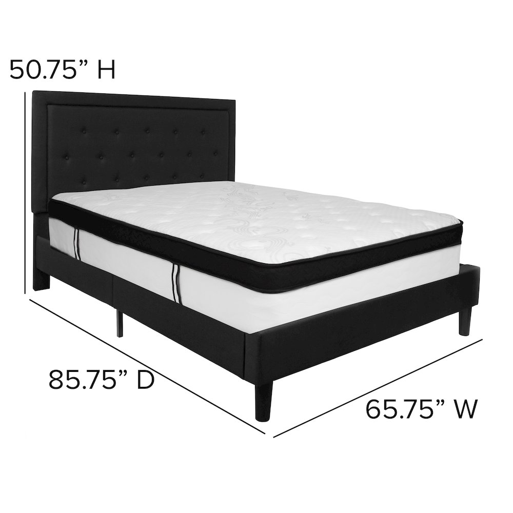 Queen Size Platform Bed in Black Fabric with Memory Foam Mattress