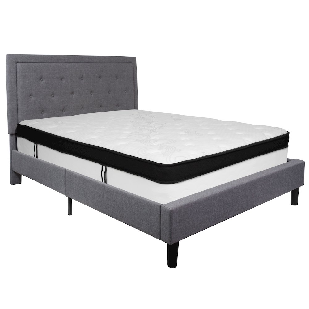 Queen Size Platform Bed in Light Gray Fabric with Memory Foam Mattress
