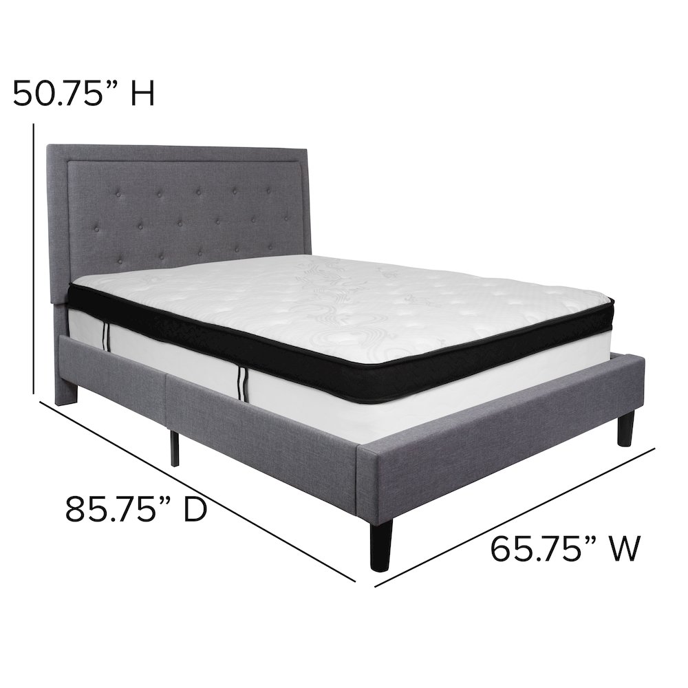 Queen Size Platform Bed in Light Gray Fabric with Memory Foam Mattress