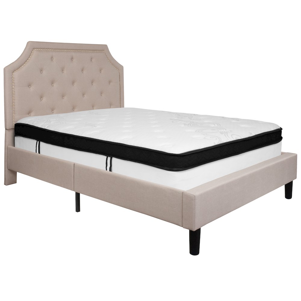 Full Size Platform Bed in Beige Fabric with Memory Foam Mattress