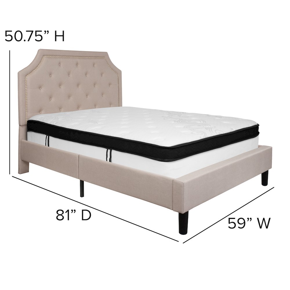 Full Size Platform Bed in Beige Fabric with Memory Foam Mattress