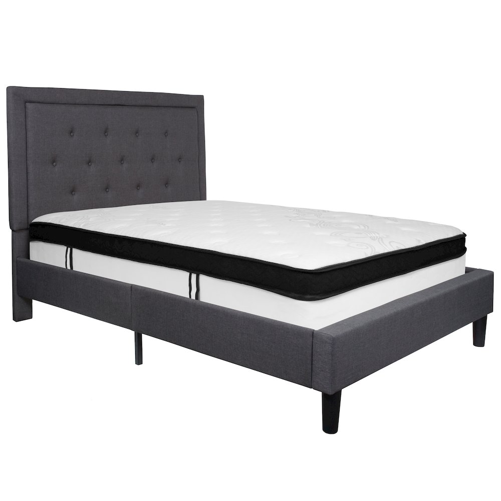 Full Size Platform Bed in Dark Gray Fabric with Memory Foam Mattress
