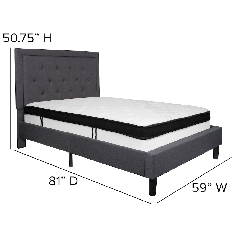 Full Size Platform Bed in Dark Gray Fabric with Memory Foam Mattress