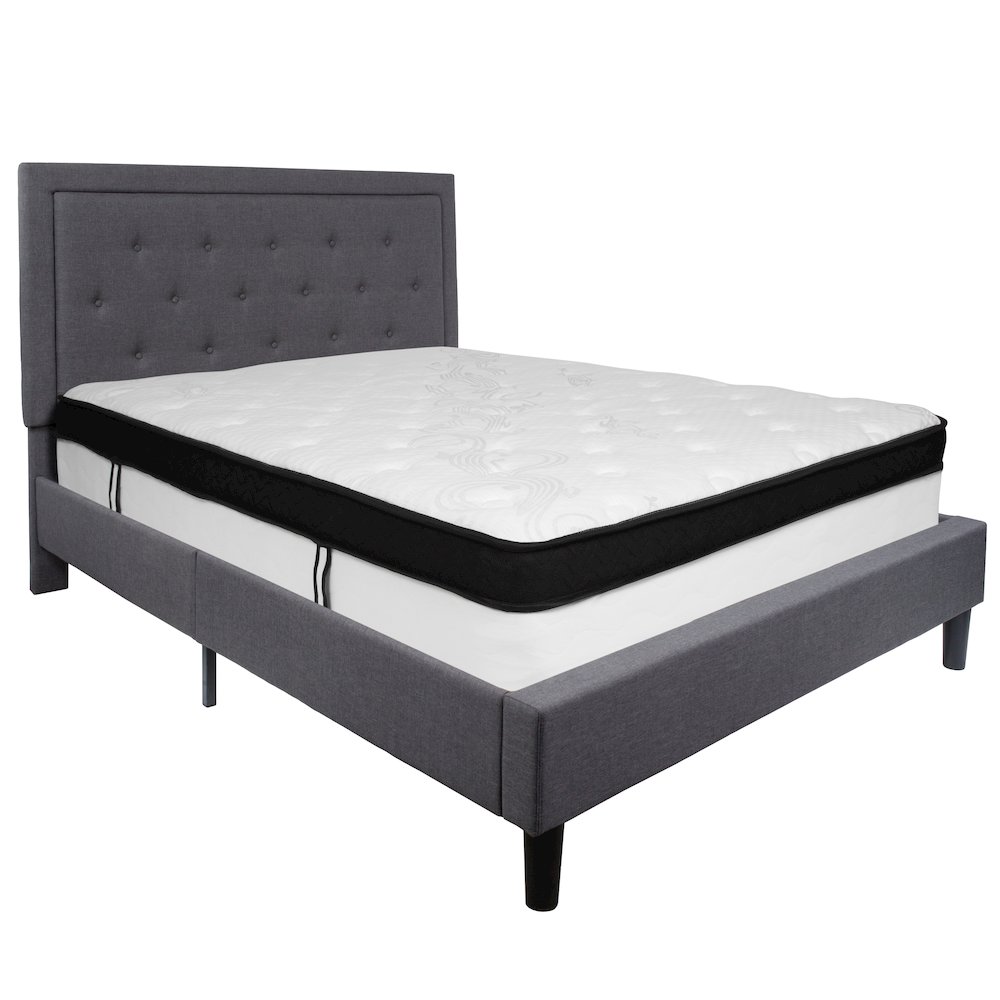 Queen Size Platform Bed in Dark Gray Fabric with Memory Foam Mattress