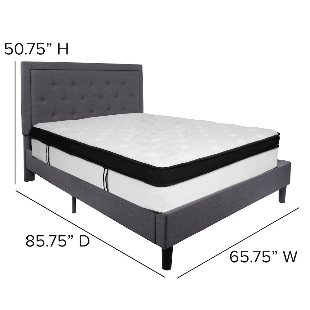 Queen Size Platform Bed in Dark Gray Fabric with Memory Foam Mattress
