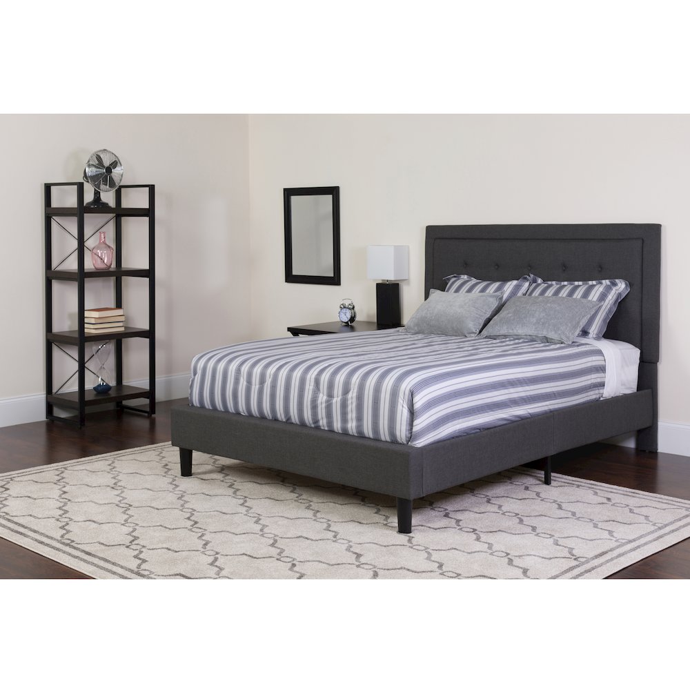 Queen Size Platform Bed in Dark Gray Fabric with Memory Foam Mattress