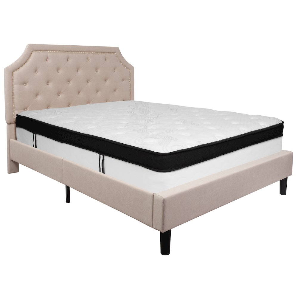 Queen Size Platform Bed in Beige Fabric with Memory Foam Mattress