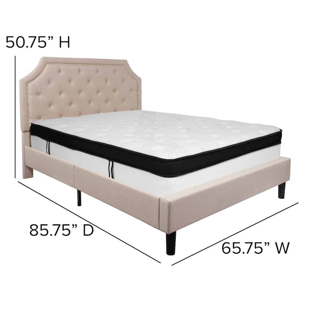 Queen Size Platform Bed in Beige Fabric with Memory Foam Mattress