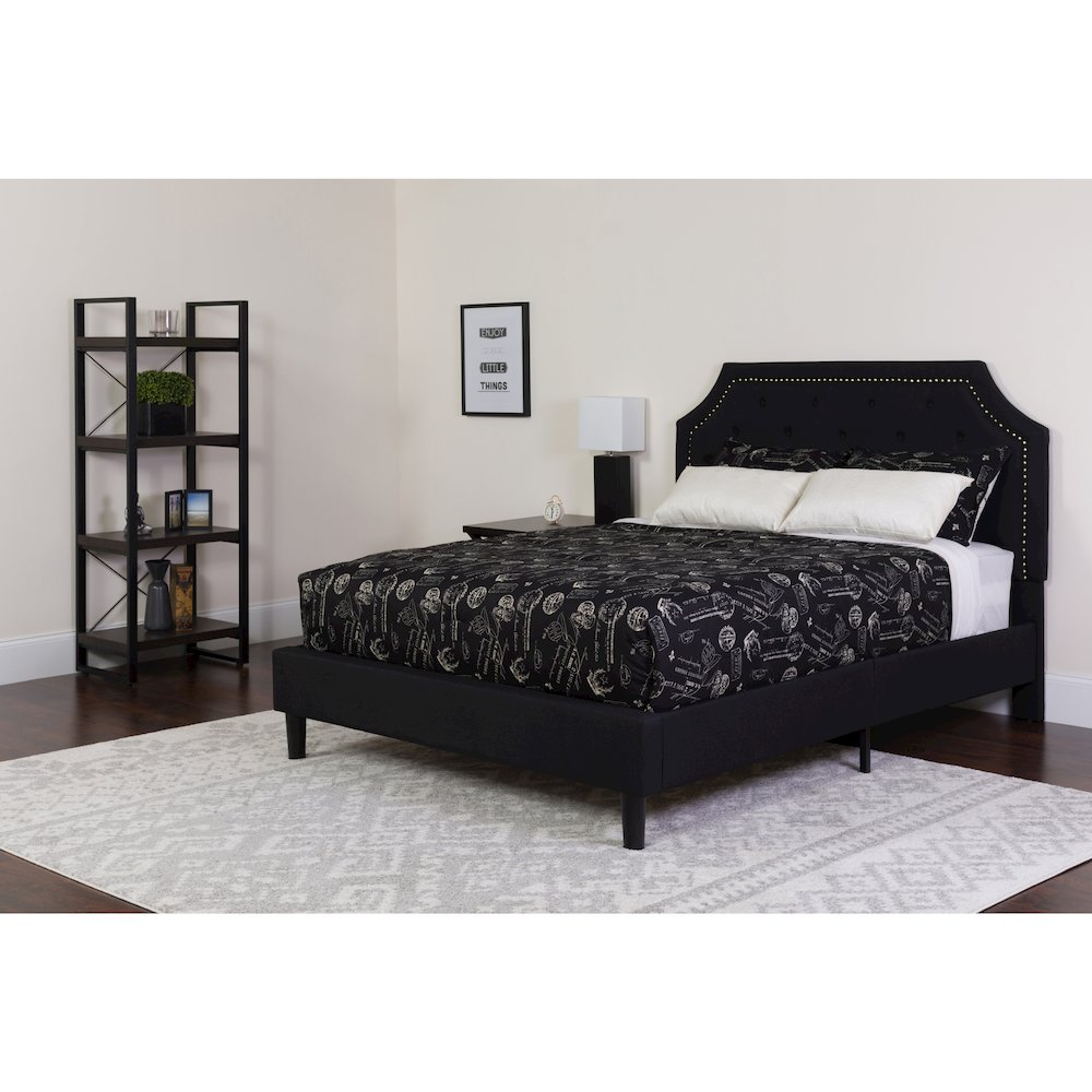 Full Size Platform Bed in Black Fabric with Memory Foam Mattress