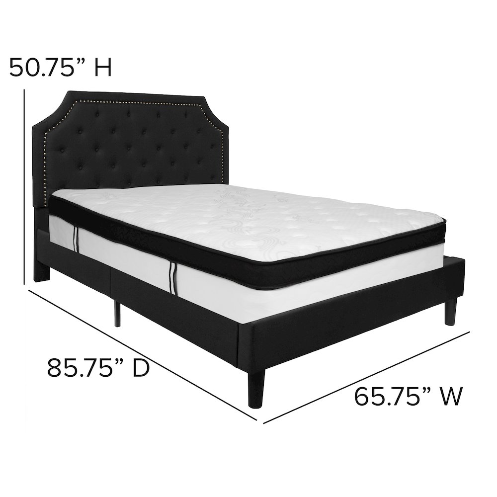 Queen Size Platform Bed in Black Fabric with Memory Foam Mattress